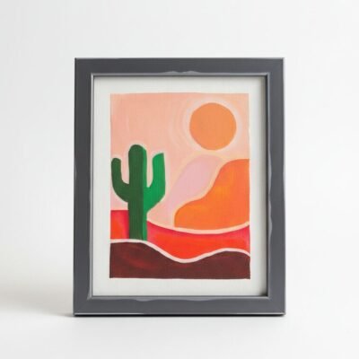 Handmade abstract desert cactus wall frame with sunset aesthetic painting