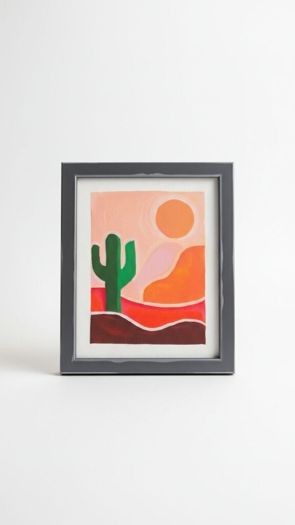 Handmade abstract desert cactus wall frame with sunset aesthetic painting