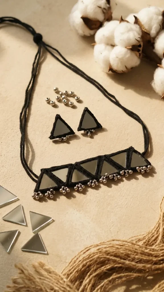Handmade black macrame mirror necklace set with triangle design and matching earrings – boho ethnic jewelry for women