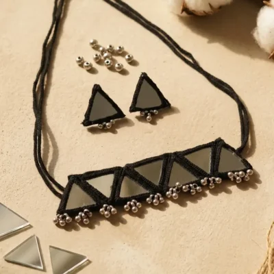 Handmade black macrame mirror necklace set with triangle design and matching earrings – boho ethnic jewelry for women