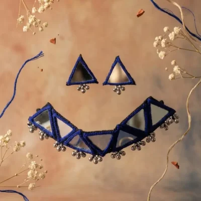 Handmade blue macrame mirror necklace set with triangle design and matching earrings for women