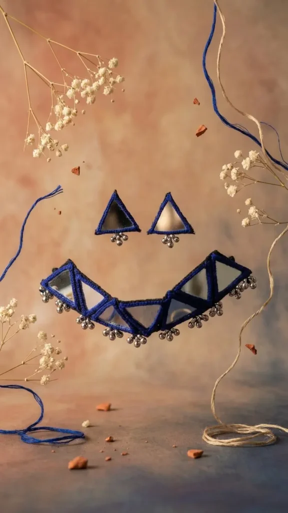 Handmade blue macrame mirror necklace set with triangle design and matching earrings for women