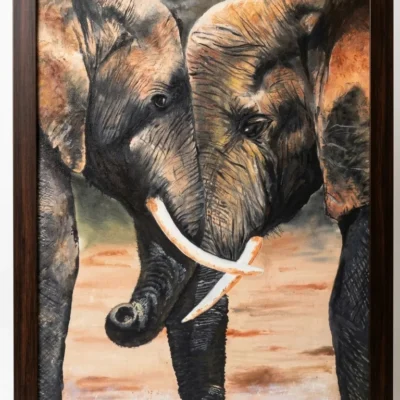 Handmade elephant canvas painting with two elephants in warm earthy tones framed wall art for home decor