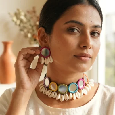 Handmade multicolor mirror and cowrie shell necklace set with matching earrings for women boho tribal jewelry