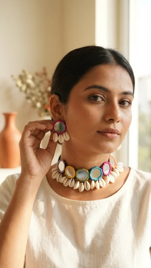 Handmade multicolor mirror and cowrie shell necklace set with matching earrings for women boho tribal jewelry