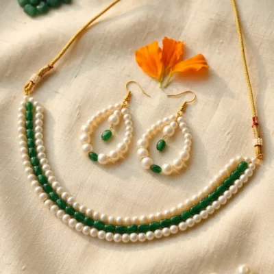 Handmade pearl and green bead necklace set with matching earrings for women ethnic festive jewelry