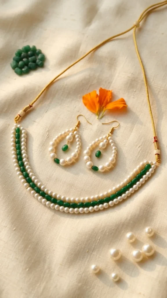 Handmade pearl and green bead necklace set with matching earrings for women ethnic festive jewelry