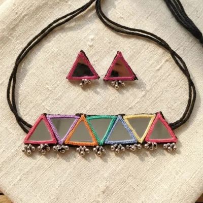 Handmade white macrame mirror necklace set with triangle design and matching earrings for women