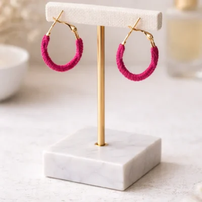 Hot Pink Macrame Hoop Earrings Handmade Bold Cotton Statement Jewelry