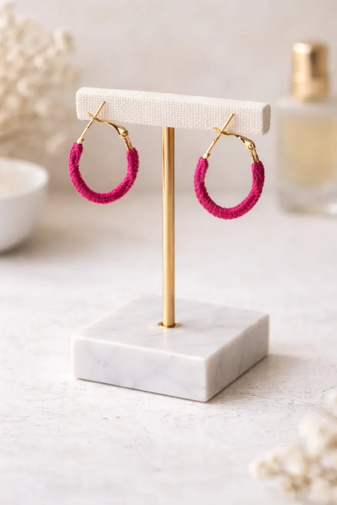 Hot Pink Macrame Hoop Earrings Handmade Bold Cotton Statement Jewelry