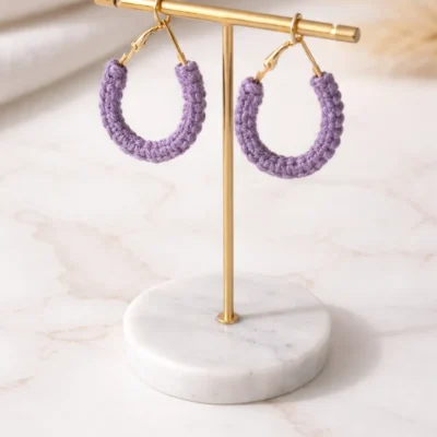 Lavender Macrame Hoop Earrings Handmade Pastel Cotton Minimal Jewelry