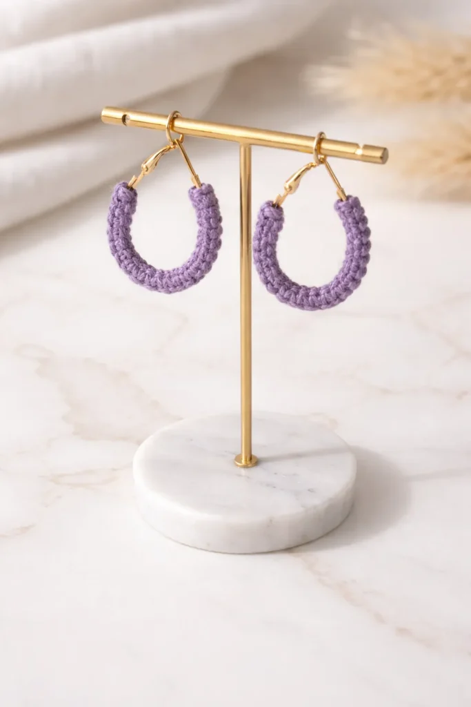 Lavender Macrame Hoop Earrings Handmade Pastel Cotton Minimal Jewelry