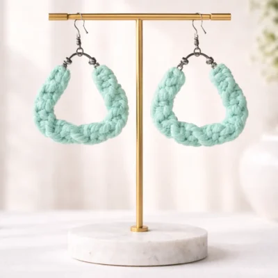 Pastel Mint Twisted Macramé Hoop Earrings Handmade Cotton Statement Hoops for Women