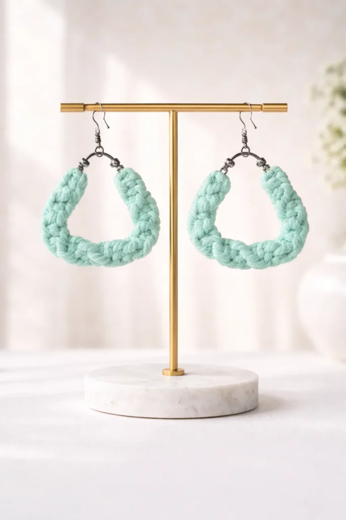 Pastel Mint Twisted Macramé Hoop Earrings Handmade Cotton Statement Hoops for Women