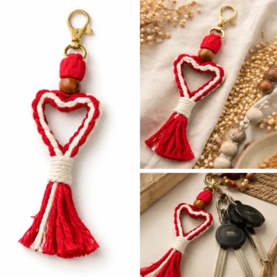 Red & White Cotton Rope Tassel Key Ring