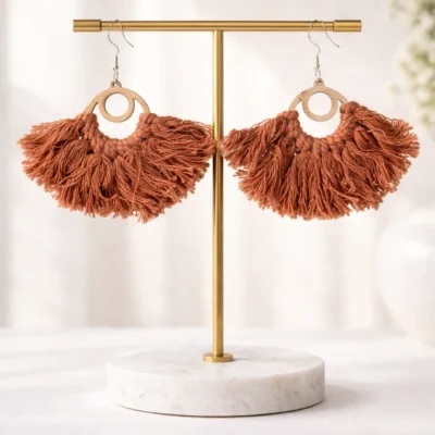 Terracotta Macramé Fringe Earrings Handmade Boho Cotton Statement Earrings for Women