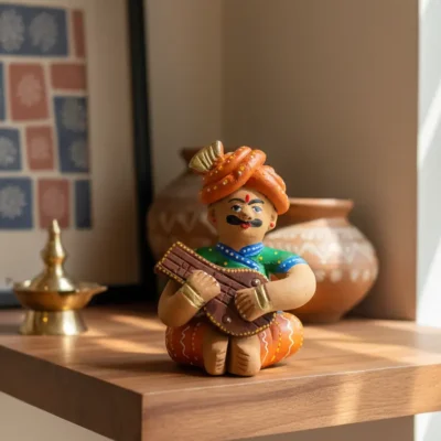 Terracotta Rajasthani Musician Figurine – Traditional Folk Art Home Décor (with Violin)