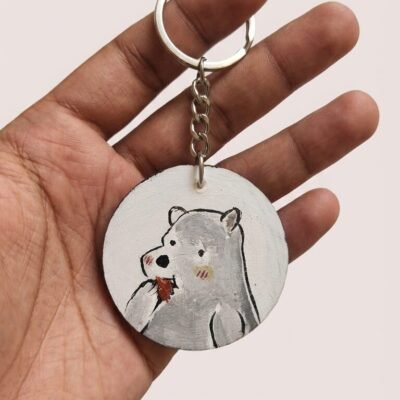 Handmade cute white bear MDF round keychain with minimal kawaii cartoon design