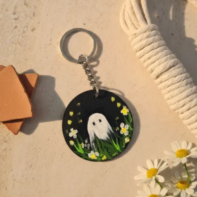 Handmade cute ghost MDF round keychain with floral night aesthetic design