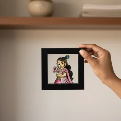 Handmade Radha glass painting in black frame with aesthetic traditional Indian art design