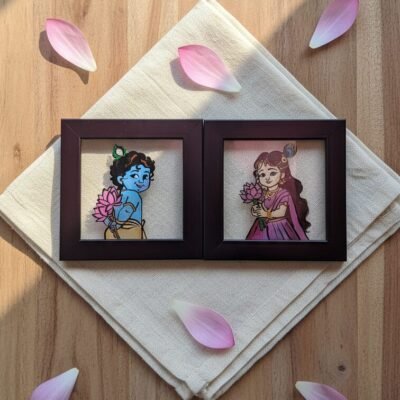 Handmade Radha Krishna glass painting frame set with cute Bal Krishna and Radha holding lotus