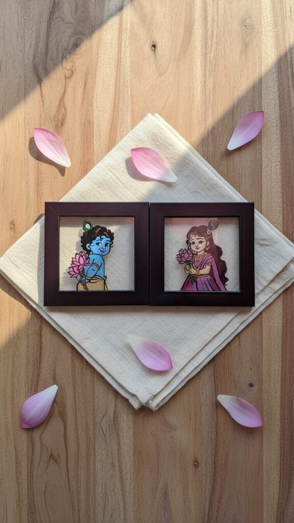 Handmade Radha Krishna glass painting frame set with cute Bal Krishna and Radha holding lotus