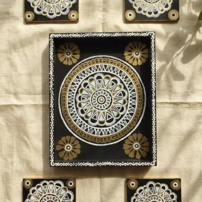 Black gold mandala wooden tray with coasters