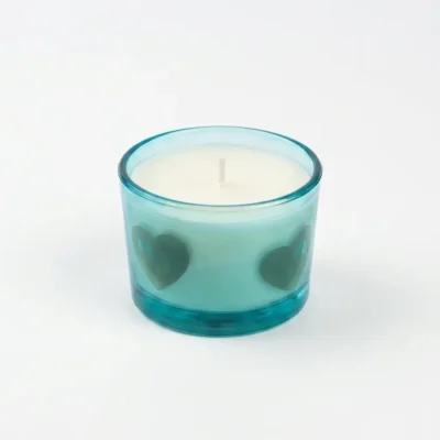 Blue Frosted Glass Candle with Heart Shapes & Cream Wax