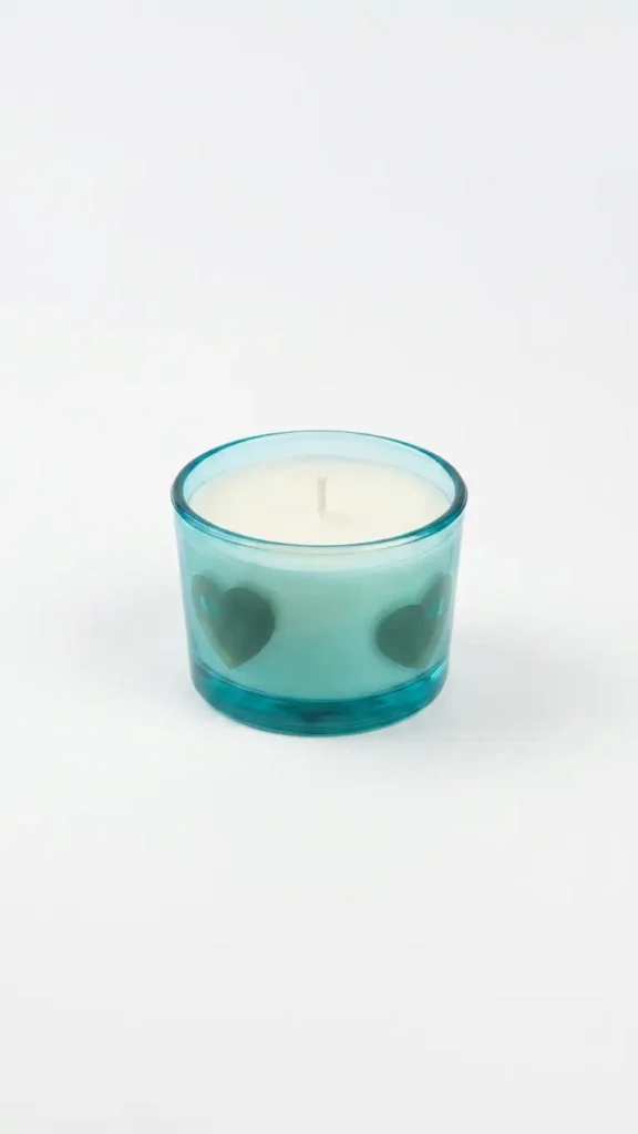 Blue Frosted Glass Candle with Heart Shapes & Cream Wax