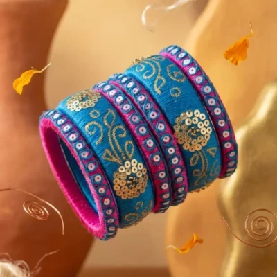 Blue & Pink Designer Silk Thread Bangles Handcrafted Ethnic Jewelry