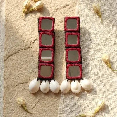 Dhaga Darpan Earrings Handmade Red Long Mirror & Shell Earrings