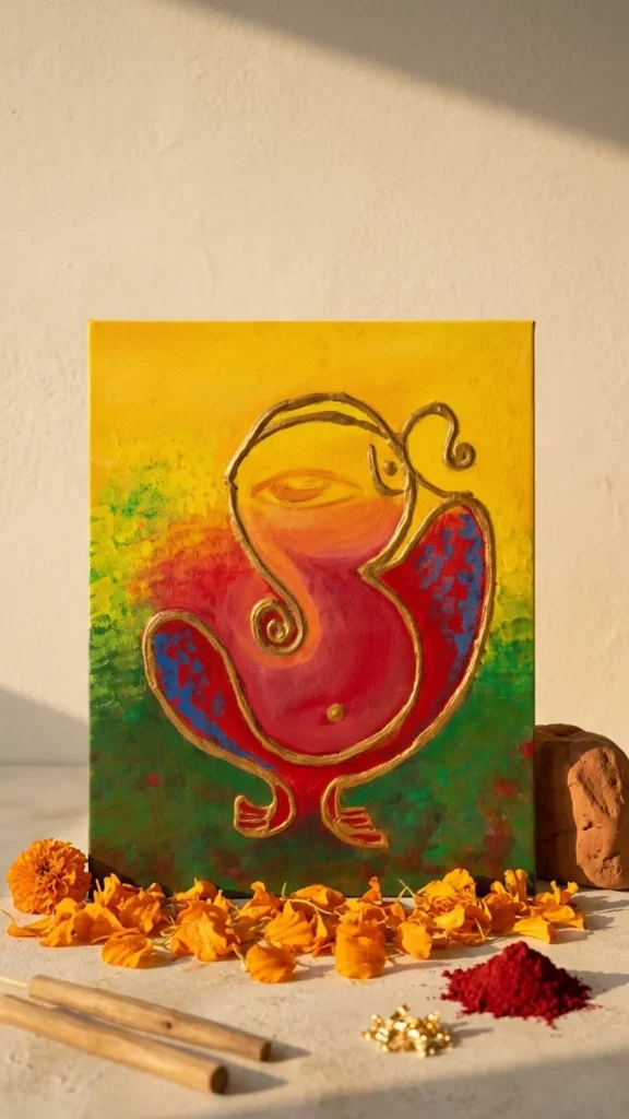 Ganesha Acrylic Canvas Painting 16x20 Inch Wall Art Mounted on Hardwood Spiritual Home Decor