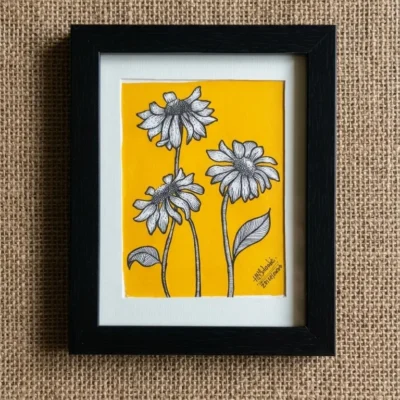 Handcrafted Floral Line Art Wall Frame (7.5 x 6 Inch) Yellow Aesthetic Mini Wall Decor Botanical Handmade Art