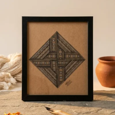Handcrafted Geometric Tribal Wall Art Frame (10.2 x 9 Inch) Minimalist Rustic Decor Ethnic Line Art Home Decor