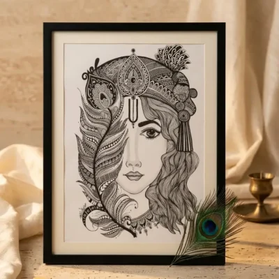 Handcrafted Krishna-Inspired Line Art Wall Frame (18.5 x 14 Inch) | Spiritual Peacock Feather Art | Elegant Ethnic Home Decor
