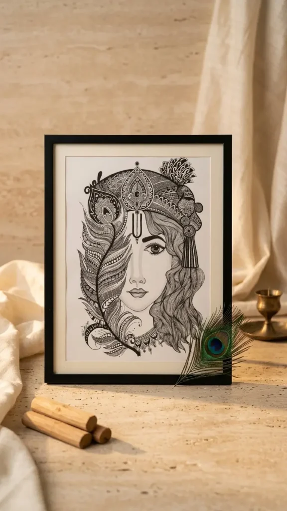 Handcrafted Krishna-Inspired Line Art Wall Frame (18.5 x 14 Inch) | Spiritual Peacock Feather Art | Elegant Ethnic Home Decor