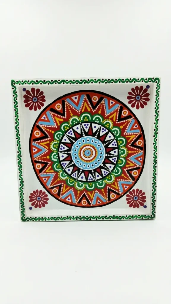 Handmade Mandala Design Wooden Tray 8x8 Inch Decorative Serving Tray Waterproof Washable Wooden Rangoli Tray1