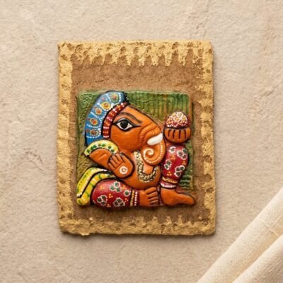 Handmade Religious Terracotta Ganesha Frame 6x7 Inch Wall Decor Mural Clay Relief Art on Wooden Base Customized Spiritual Gift