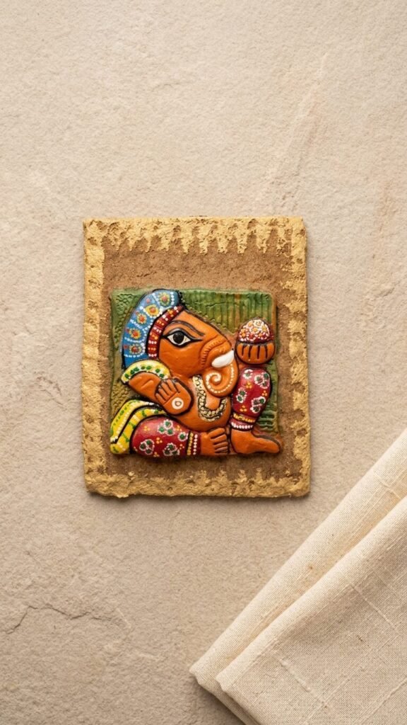 Handmade Religious Terracotta Ganesha Frame 6x7 Inch Wall Decor Mural Clay Relief Art on Wooden Base Customized Spiritual Gift