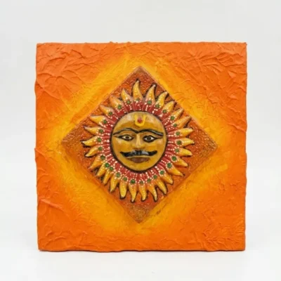 Handmade Religious Terracotta Sun Frame 9x9 Inch Wall Decor Mural Surya Face Art on Wooden Base Spiritual Home Décor Gift