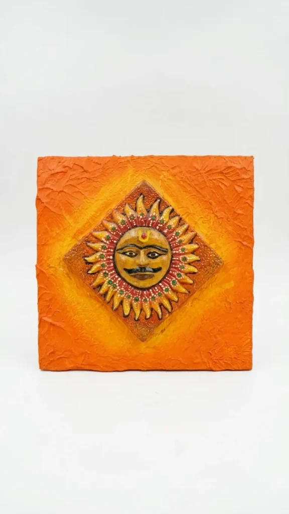 Handmade Religious Terracotta Sun Frame 9x9 Inch Wall Decor Mural Surya Face Art on Wooden Base Spiritual Home Décor Gift