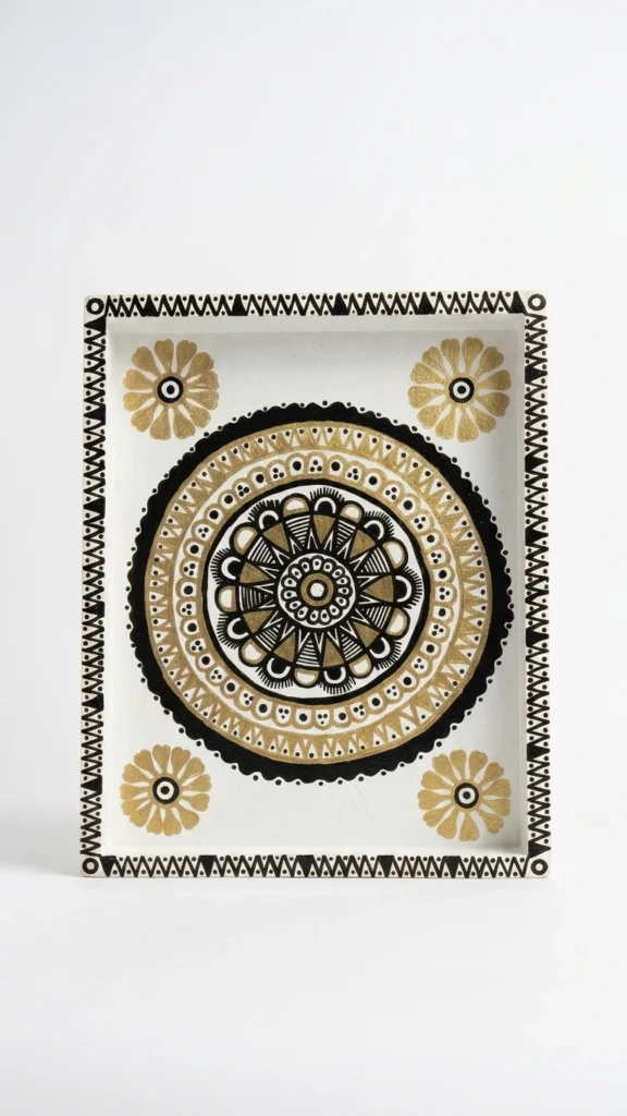 Handmade White Gold Mandala Wooden Serving Tray 8x10 Inch Waterproof Washable Decorative Tray Custom Indian Art Tray for Home Décor & Gifts