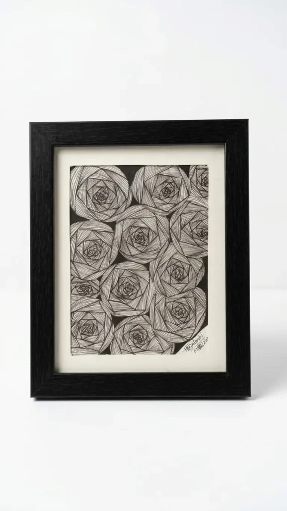 Handmade black and white floral line art framed wall decor on wooden floor with woven mat