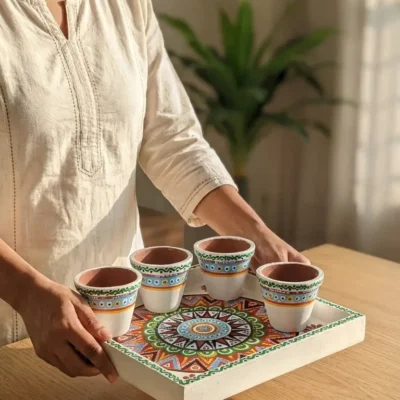 Mandala wooden tray with terracotta kullad set