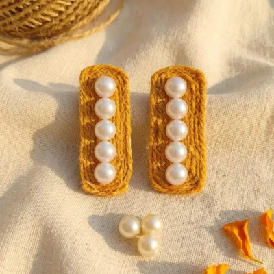 Summer Breeze Jute Pearl Earrings Handmade Minimal Pearl Studs Eco-Friendly Boho Ethnic Jewelry for Women