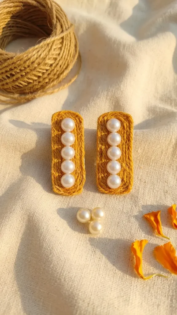 Summer Breeze Jute Pearl Earrings Handmade Minimal Pearl Studs Eco-Friendly Boho Ethnic Jewelry for Women