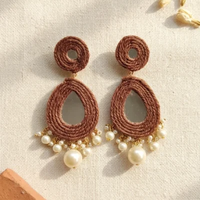 Sutradhara Mirror Earrings Handmade Brown Boho Statement Earrings with Mirror & Pearl Danglings