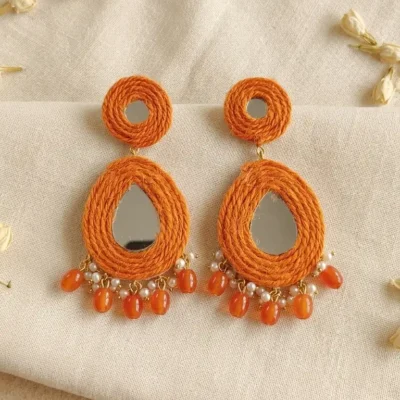 Sutradhara Mirror Earrings Handmade Orange Boho Statement Earrings with Mirror & Beads