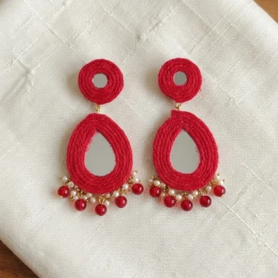 Sutradhara Mirror Earrings Handmade Red Boho Statement Earrings with Mirror & Beads