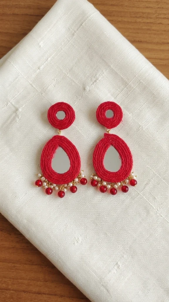 Sutradhara Mirror Earrings Handmade Red Boho Statement Earrings with Mirror & Beads
